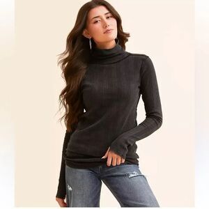 free people XS Black Brynn Turtleneck Scrunched Ribbed Thermal Cotton Top
